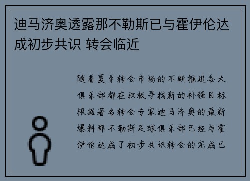 迪马济奥透露那不勒斯已与霍伊伦达成初步共识 转会临近